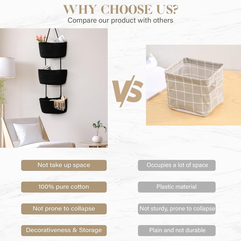 TeoKJ Over the Door Organizer, 3-Tier Woven Cotton Hanging Kitchen Baskets Storage Organizer Bag with Hooks Wall-Mounted Decorative Rope Baskets - Black - Image 2